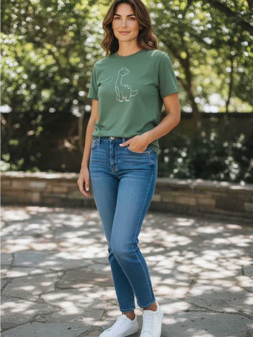 Moa Moa Green Short Sleeve Tee with White Dinosaur Outline